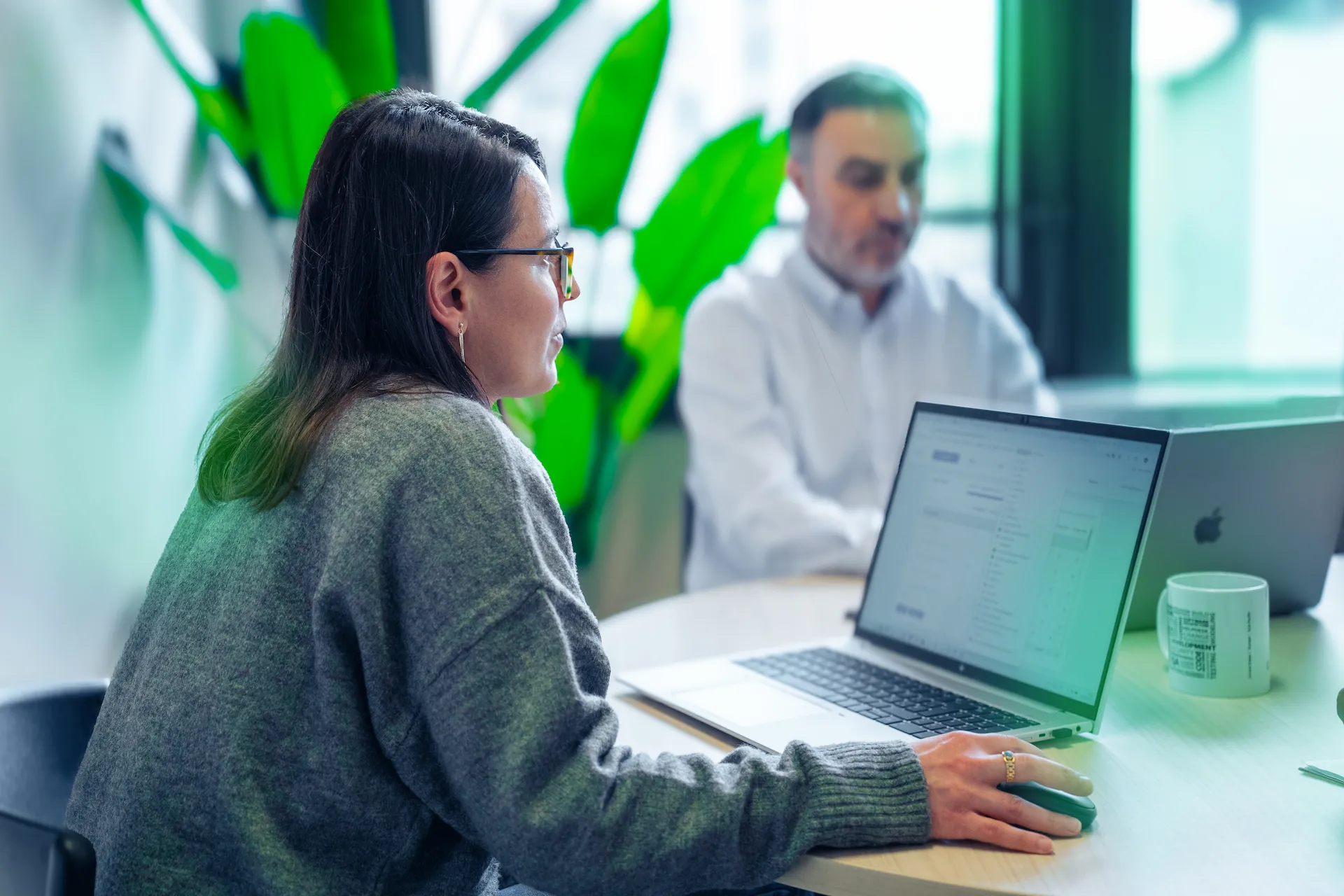 Una donna seduta a un tavolo mentre lavora al laptop, con un collega seduto di fronte a lei; entrambi concentrati sulle attività di lavoro in un ufficio luminoso con una grande pianta sullo sfondo.